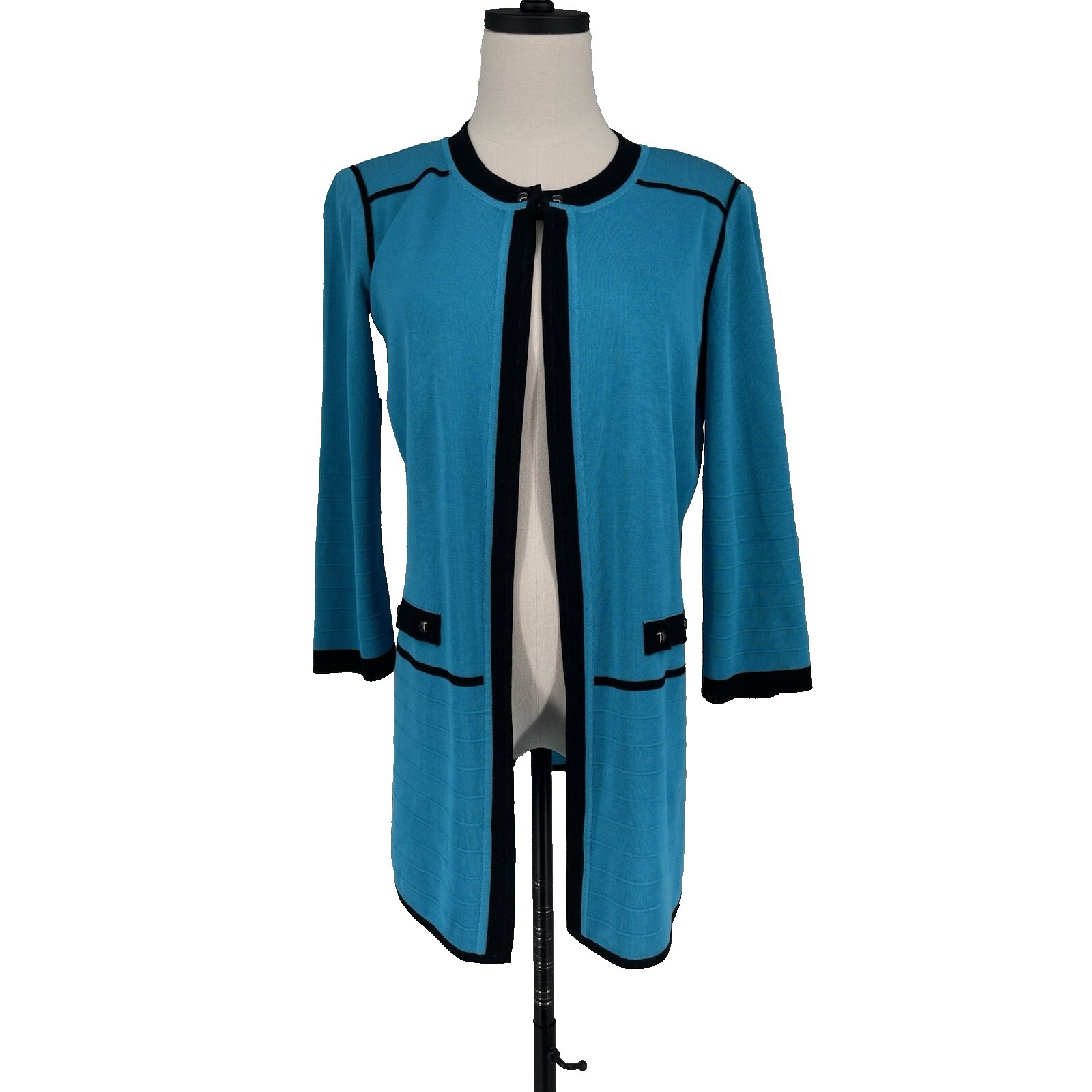 Ming Wang Career Longline Cardigan Knit Jacket Blue Hook Eye Collarless S